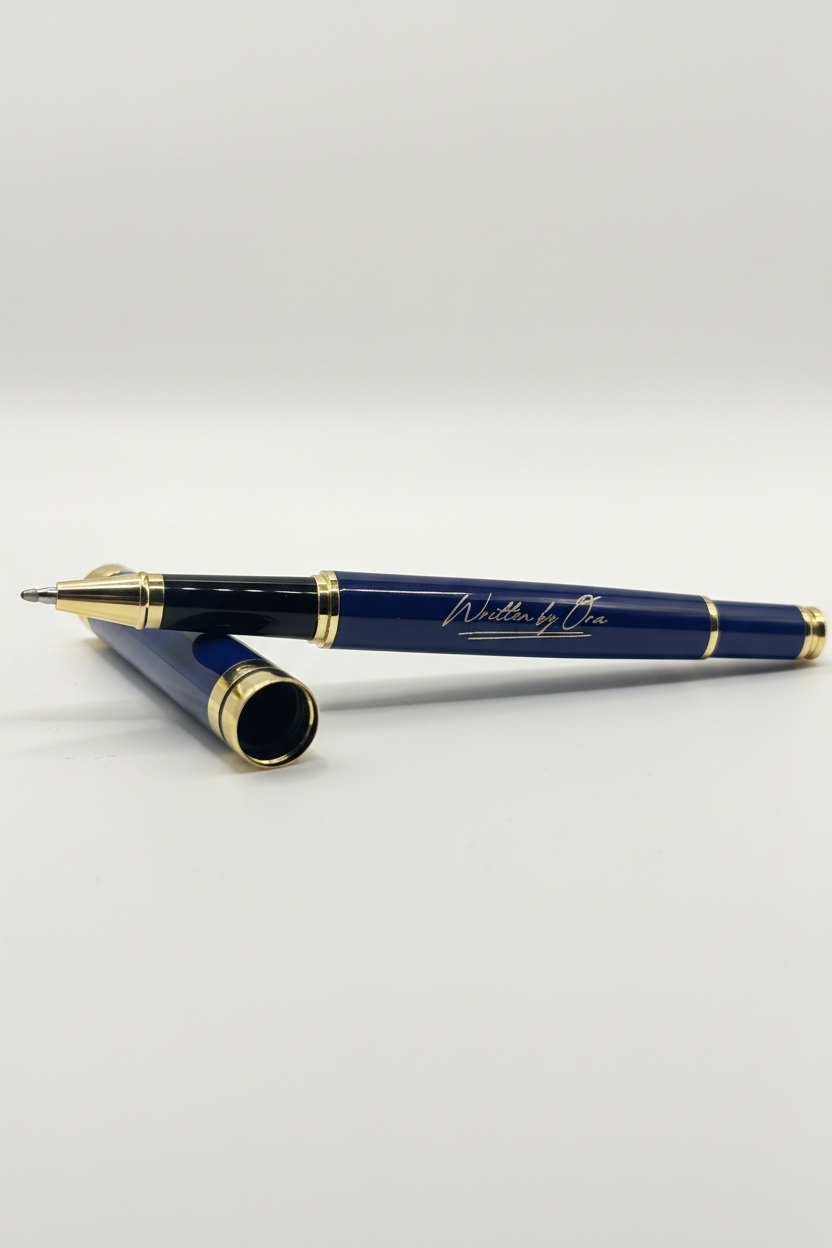 Written by Ora luxury rollerball pen with polished gold accents and black lacquer finish